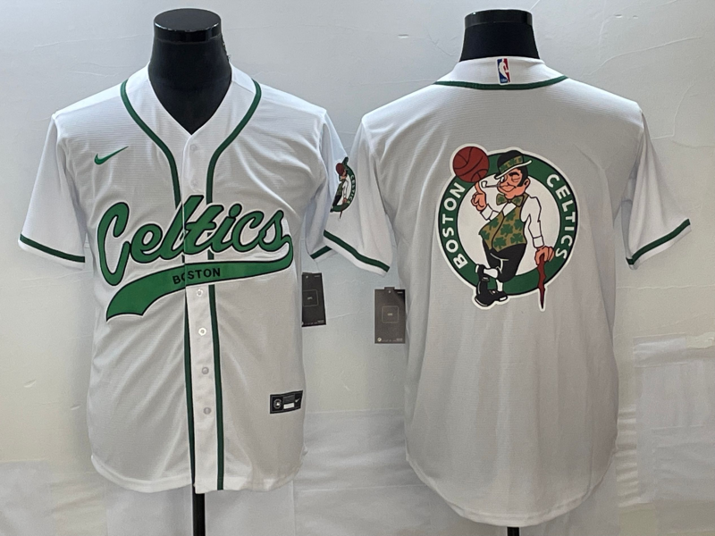 Men's Boston Celtics White Team Big Logo With Patch Stitched Baseball Jersey Men's Boston Celtics White Team Big Logo With Patch Stitched Baseball Jersey